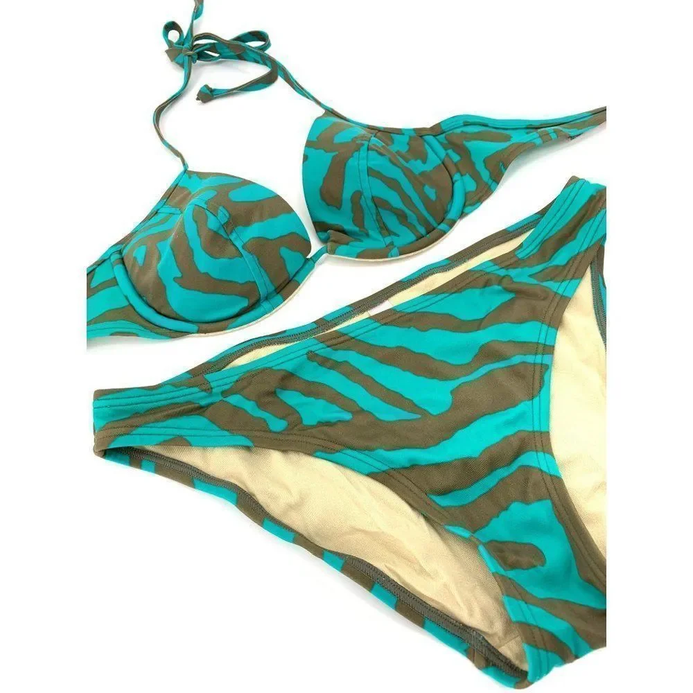 Womens Victoria Secret Bikini 2-piece High Rise Bottom Small Bra 34C Animal 1035
